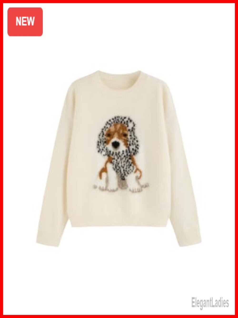 Oversized Dog Graphic Knit Pullover Sweater Crew Neck Long Sleeve